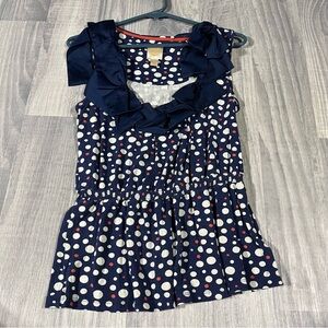 Rio Rae Anthropologie Navy Polka Dot Sleeveless Top with Ruffle Bow Detail